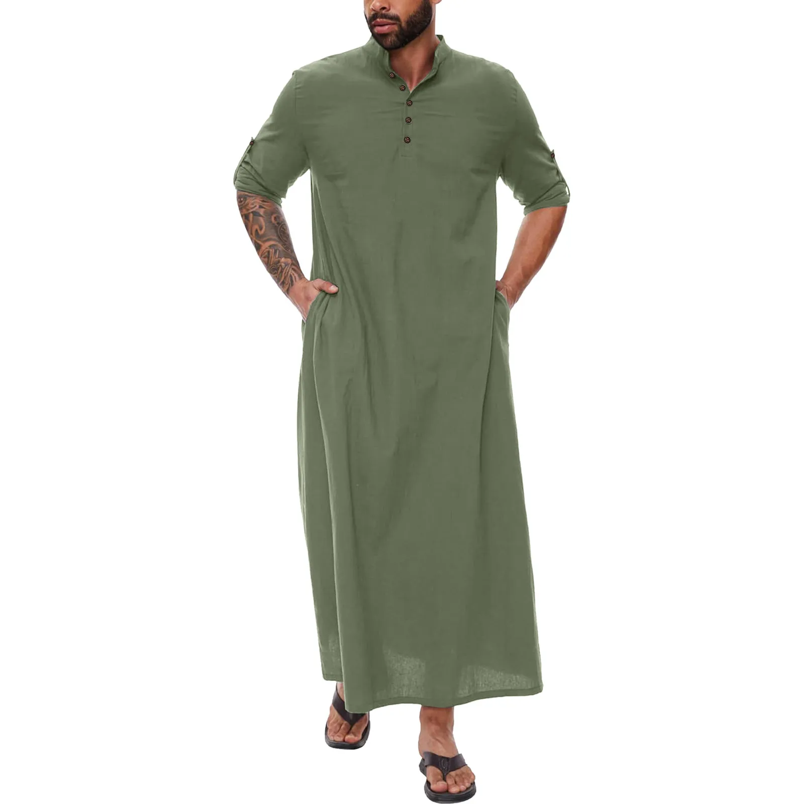 2024 New Mens Middle Arabic Style Simple Long Mens Button Muslim Robe Long Sleeve Robe Side Slit Robe Button Pocket Robe