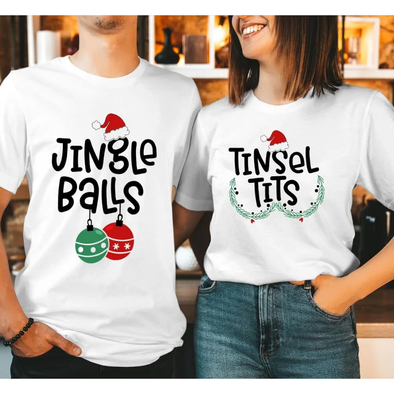 2024 new couple shirts couple Christmas t-shirt Christmas gift tops jingle balls tinsel tits multi-color short sleeves