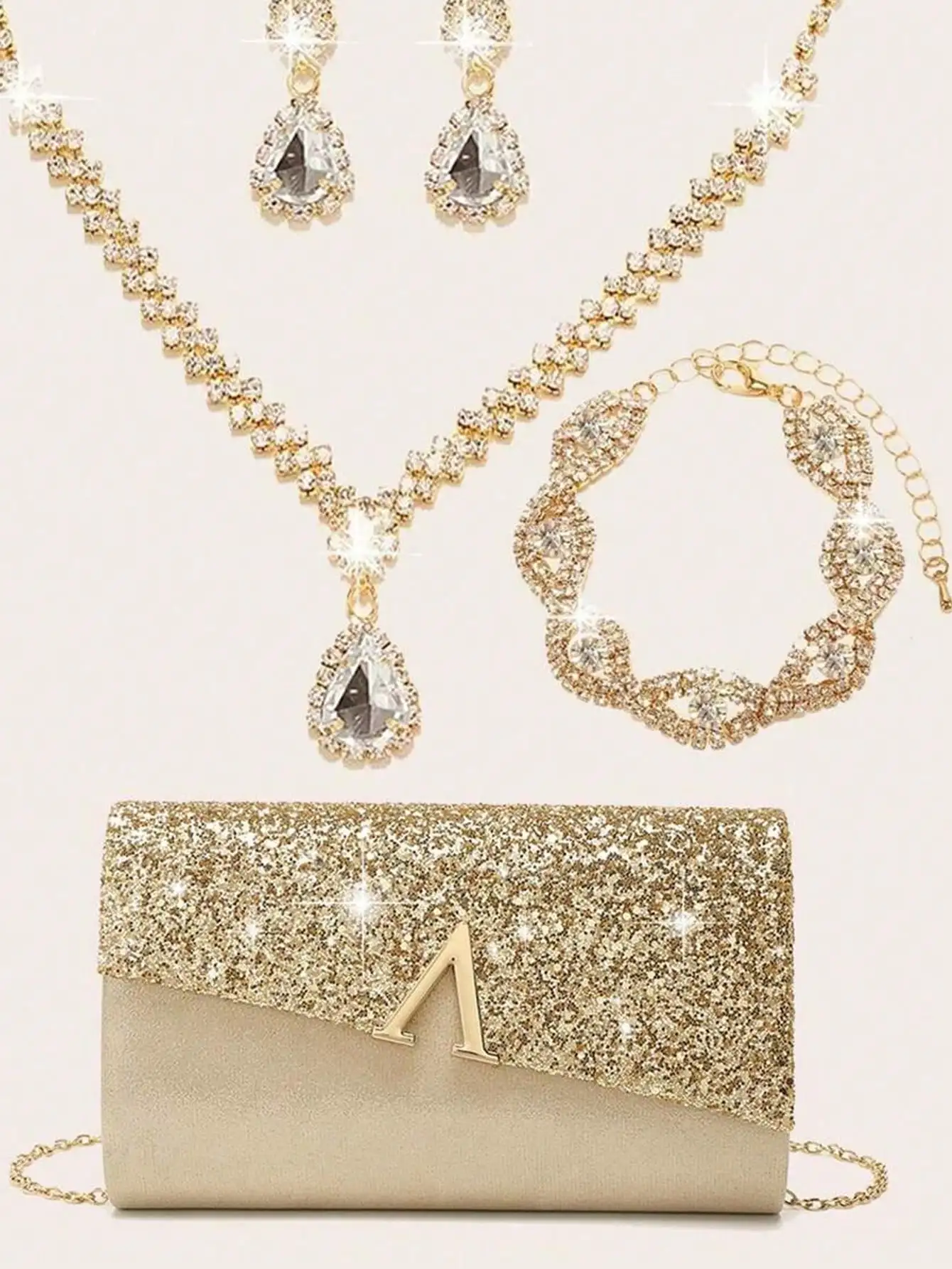 

Комплект ювелирных изделий со стразами из 4 предметов, блестящий вечерний клатч-конверт для свадебной вечеринки, свадьбы