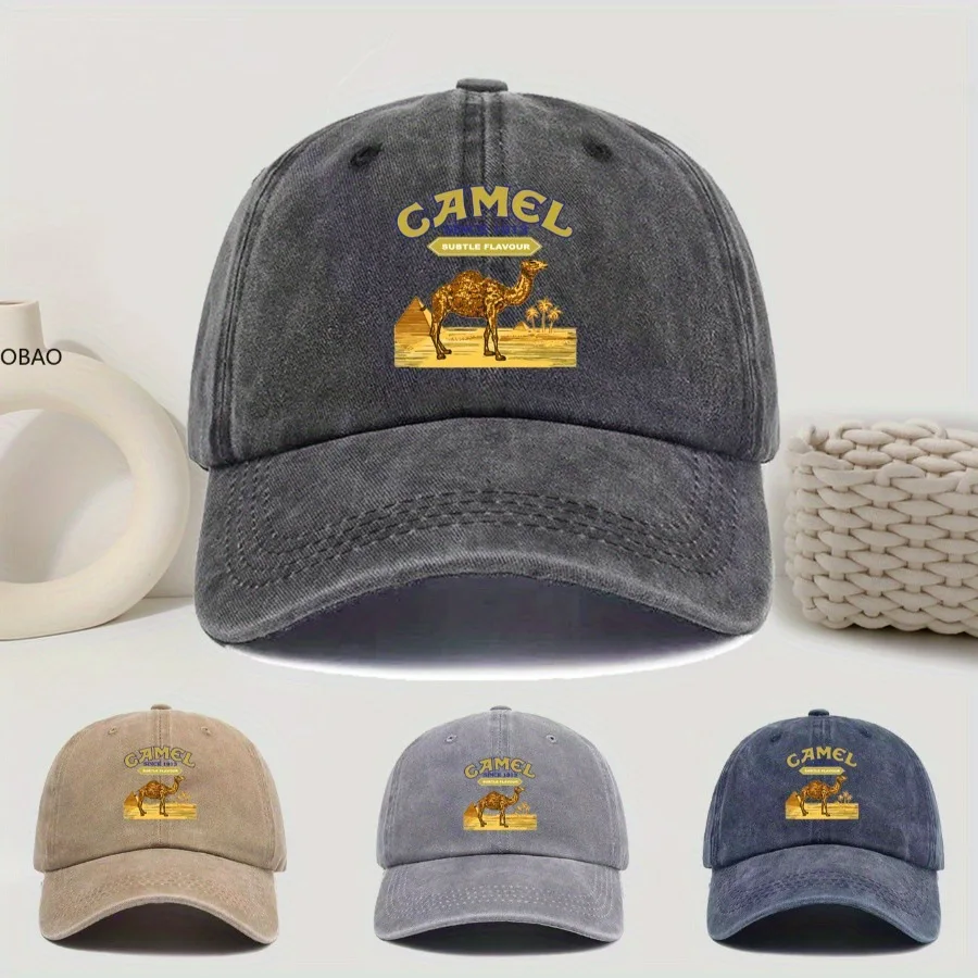 1 pieza de gorra de béisbol vintage lavada con estampado de escena del desierto "Camel" para mujeres y hombres, gorra ajustable para actividades al aire libre y uso diario.