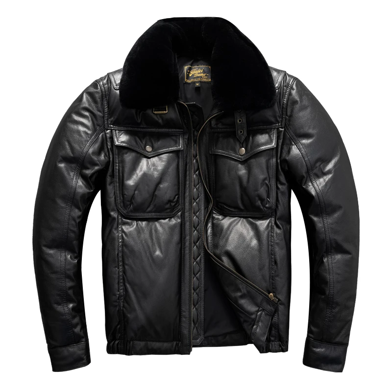 Black Winter Leather Down Jacket Men Casual Style Plus Size 5XL Genuine Natural Sheepskin Thick Warm Wool Collar Leather Coat