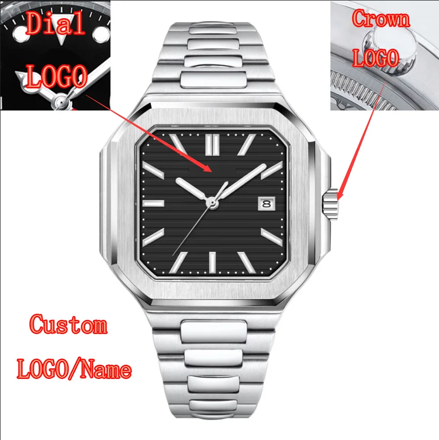 Relógio masculino quadrado de luxo com logotipo personalizado, 44mm, automático, nh35/miyota, prata, ouro rosa, à prova d'água, mecânico