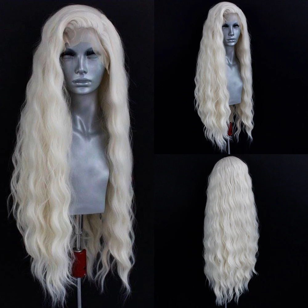 Platinum Blonde Wave Wig Synthetic Lace Front Wigs For Women Long Natural Wave Lace Hair White Black Pink Wig Loose Curl Cosplay