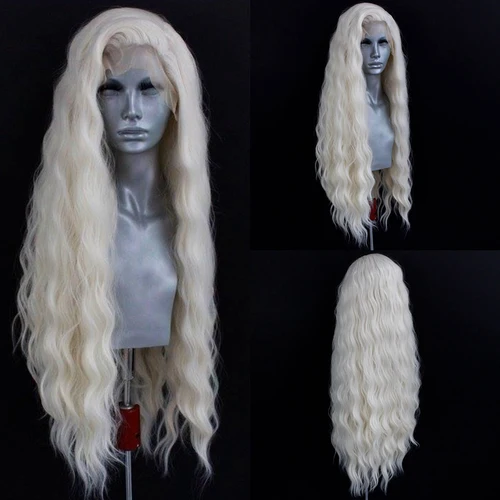 Peluca ondulada rubia platino, pelucas frontales de encaje sintético para mujer, pelo largo de encaje ondulado Natural, peluca blanca, negra y rosa, Cosplay de rizo suelto