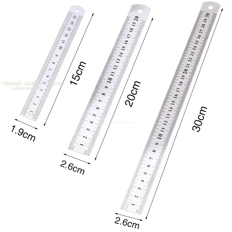 Regla de Metal de acero inoxidable, regla recta de 15/20/30cm, regla para estudiantes, herramienta de medición de doble cara de precisión para