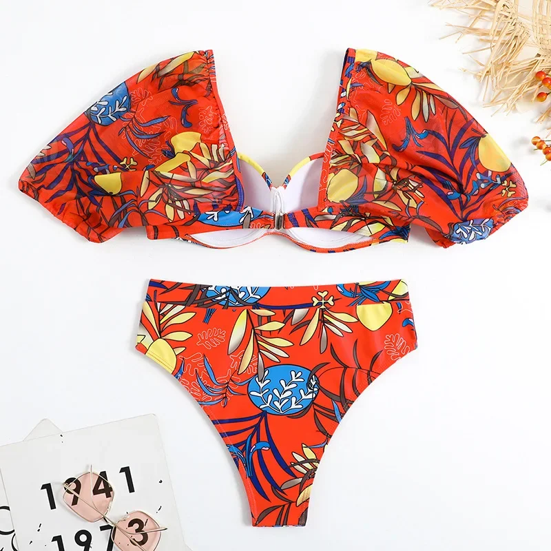 Maillot de bain femmes 2023 Sexy imprimé fleuri Bikini support en acier Push Up manches courtes 2 pièces col carré maillots de bain plage maillot de bain