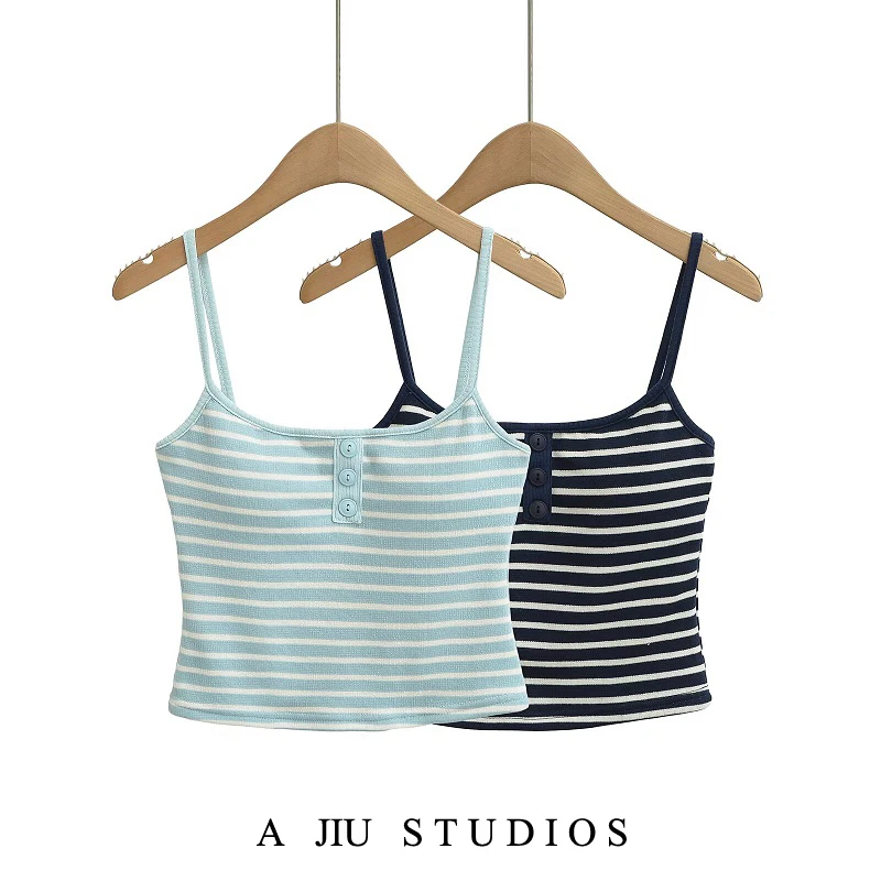 Slim Fit Stripe Strap Vest Women Summer Short Style Sexy Streetwear Inner Wear Top Button Detail Zipper Closure Casual Wear