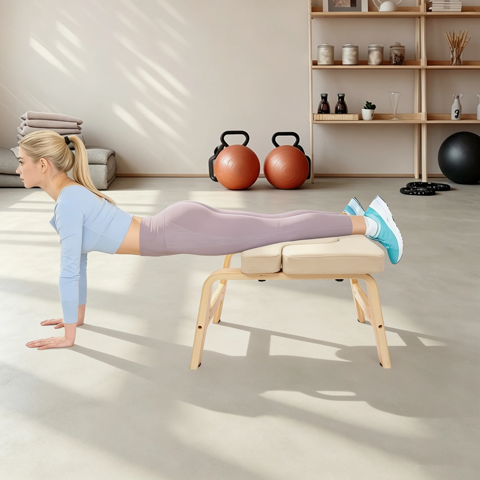 Yoga-Kopfstützenhocker mit 440 LBS Tragkraft, Inversionsstuhl mit PU-Polsterung aus Massivholz, Rutschfeste Kopfstützenbank für Inversionsübungen zu Hause, im Fitnessraum oder im Studio – Detail 12