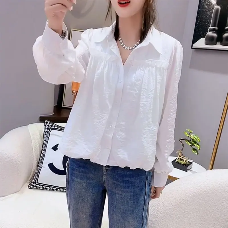 Fashion Folds Single-breasted Shirt Korean Solid Color Spring Autumn Long Sleeve Female Clothing Commute Turn-down Collar Blouse