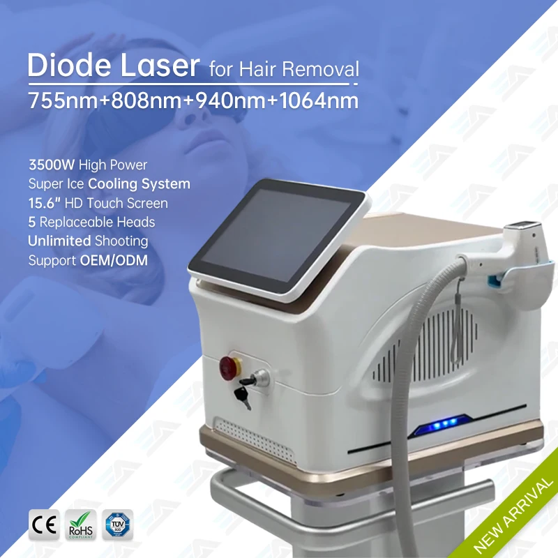 

3500W Diode Laser Painless Hair Removal Machine 755 808 940 1064 Quadra Wavelength Permanent Depilation Beauty Device