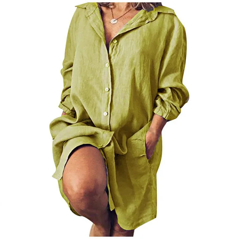 

Осень 2022, новинка Amazon, горячая распродажа, свободная однотонная женская длинная рубашка с двойным карманом и длинными рукавами Cw60501