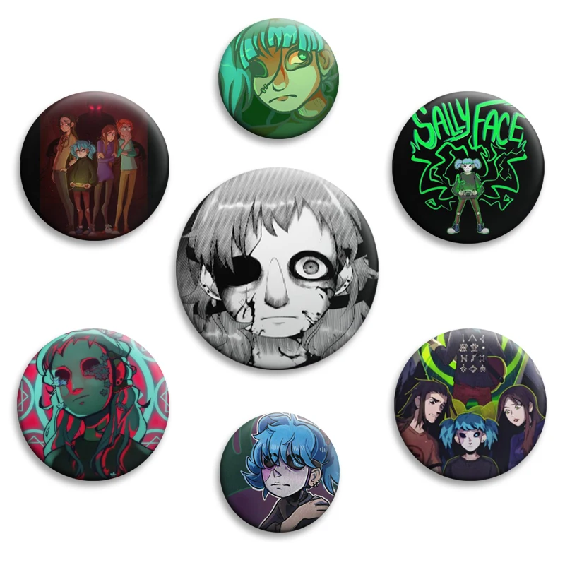Insignia creativa de 58/44/32mm, alfileres de botón suaves de juego Vintage con cara de Sally, broche artístico de dibujos animados de Sal Fisher Sally para decoración de bolsos, regalos para seguidores