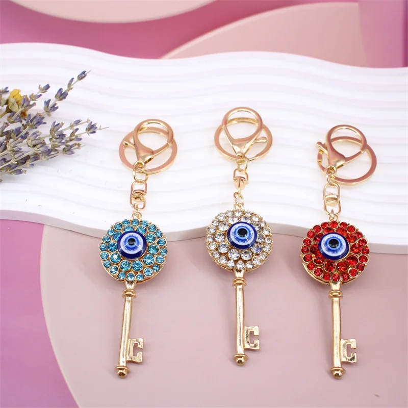 

1PC Religious Handmade Rhinestone Keychain For Men Women Turky Blue Eyes Key Shape Chain Accessories