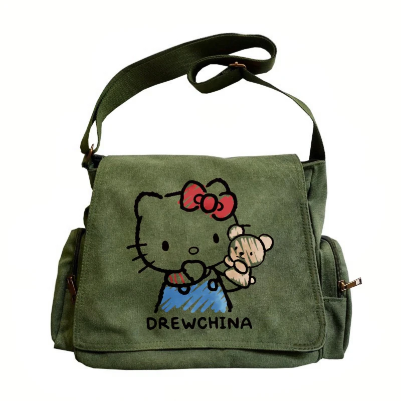 Torba damska z nadrukiem Hello Kitty, wielokieszeniowa, z motywem kreskówkowym, torba na ramię dla kobiet, torba typu book bag z klapką, regulowany pasek.