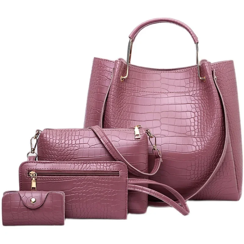 Women Leather 4pcs Handbag Shoulder Bags Crossbody Bag Card Package Set Female Shopping Messenger Bags Alligator Tote