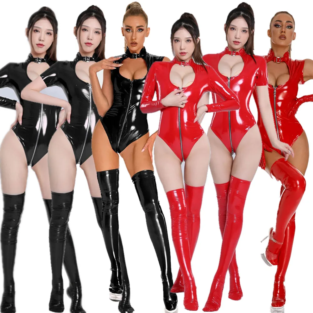 Sexy Glanzende Pvc Latex Fetisj Erotische Clubwear Catsuit Teddy Lingerie Wetlook Faux Lederen Holle Jumpsuit Bodycon Bodysuit