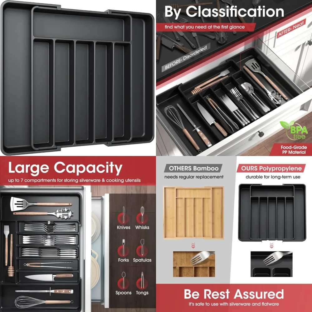

Expandable Silverware Organizer Tray Large Black Adjustable Utensil Drawer Storage Kitchen Cutlery Holder Tableware Organizer