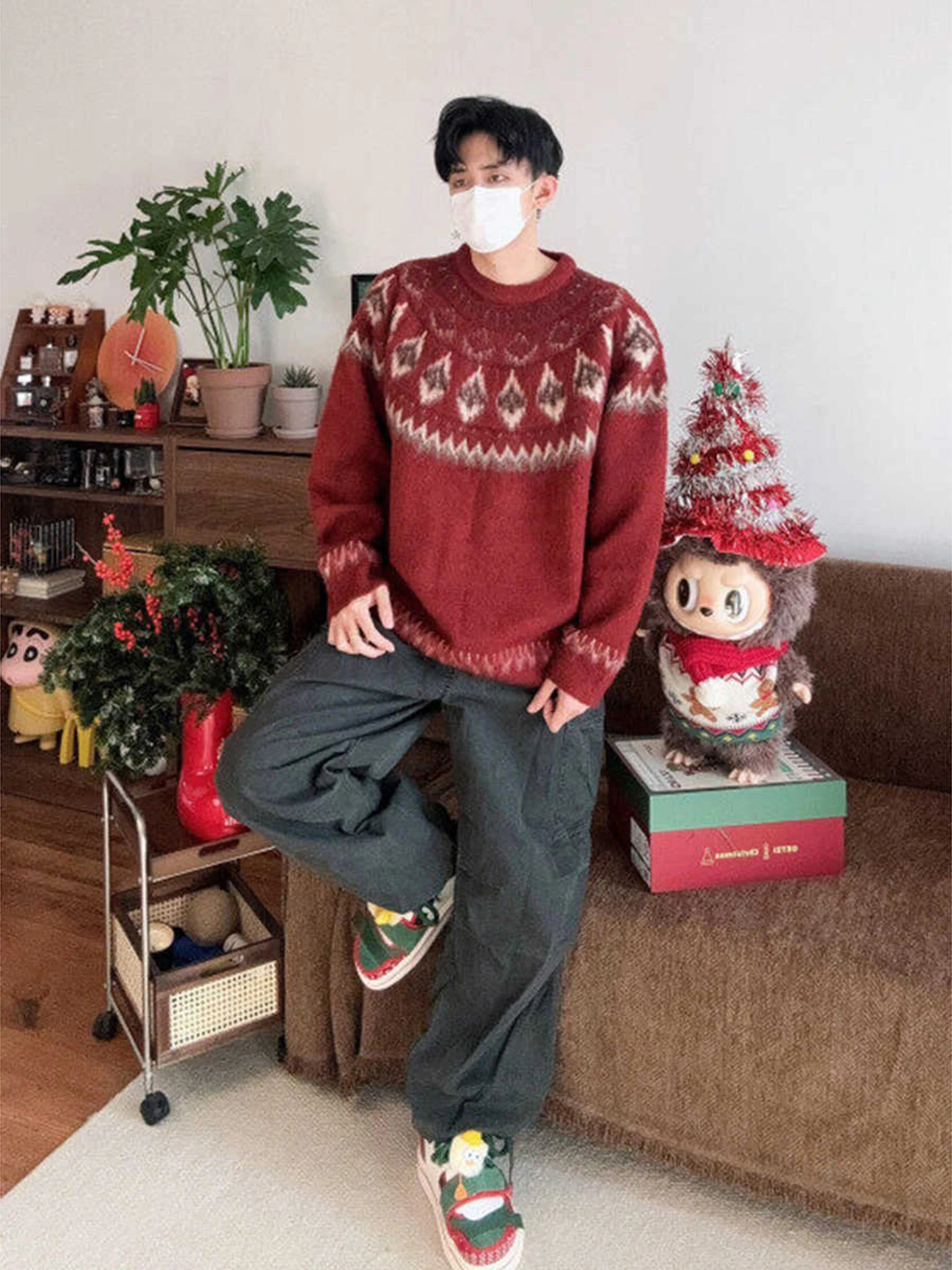 

Nordic Sle Cisas Red round Ne Knitwear Men's Winter Lazy Faion Soft Pluy Sweater Coat Trendy Boy's Casual Wear