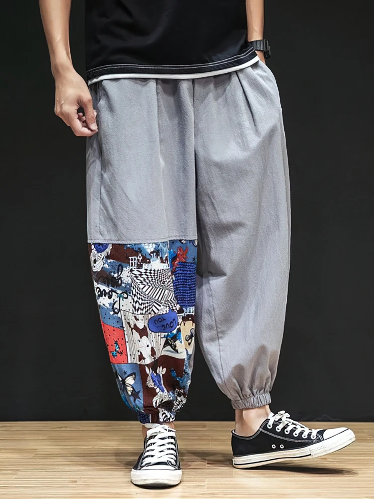 اليابانية القطن الكتان عادية بنطال رياضي الرجال الصيف الحرير الجليد السراويل الفضفاضة الذكور المشي واسعة الساق فضفاض Sweatpants الصينية