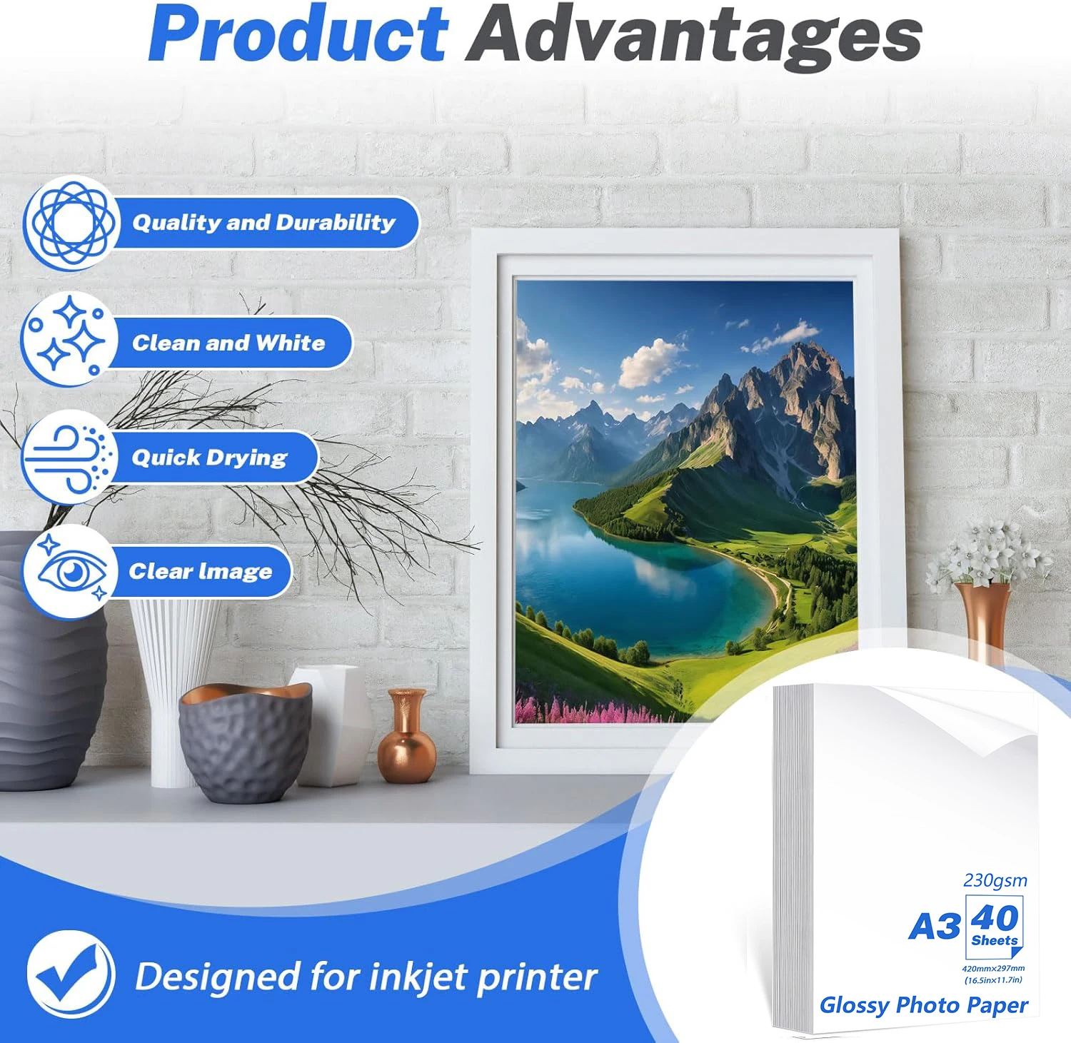 A3 Photo Paper, Waterproof Glossy for Photo Paper，Waterproof Embossed Card Paper Inkjet Photo Paper