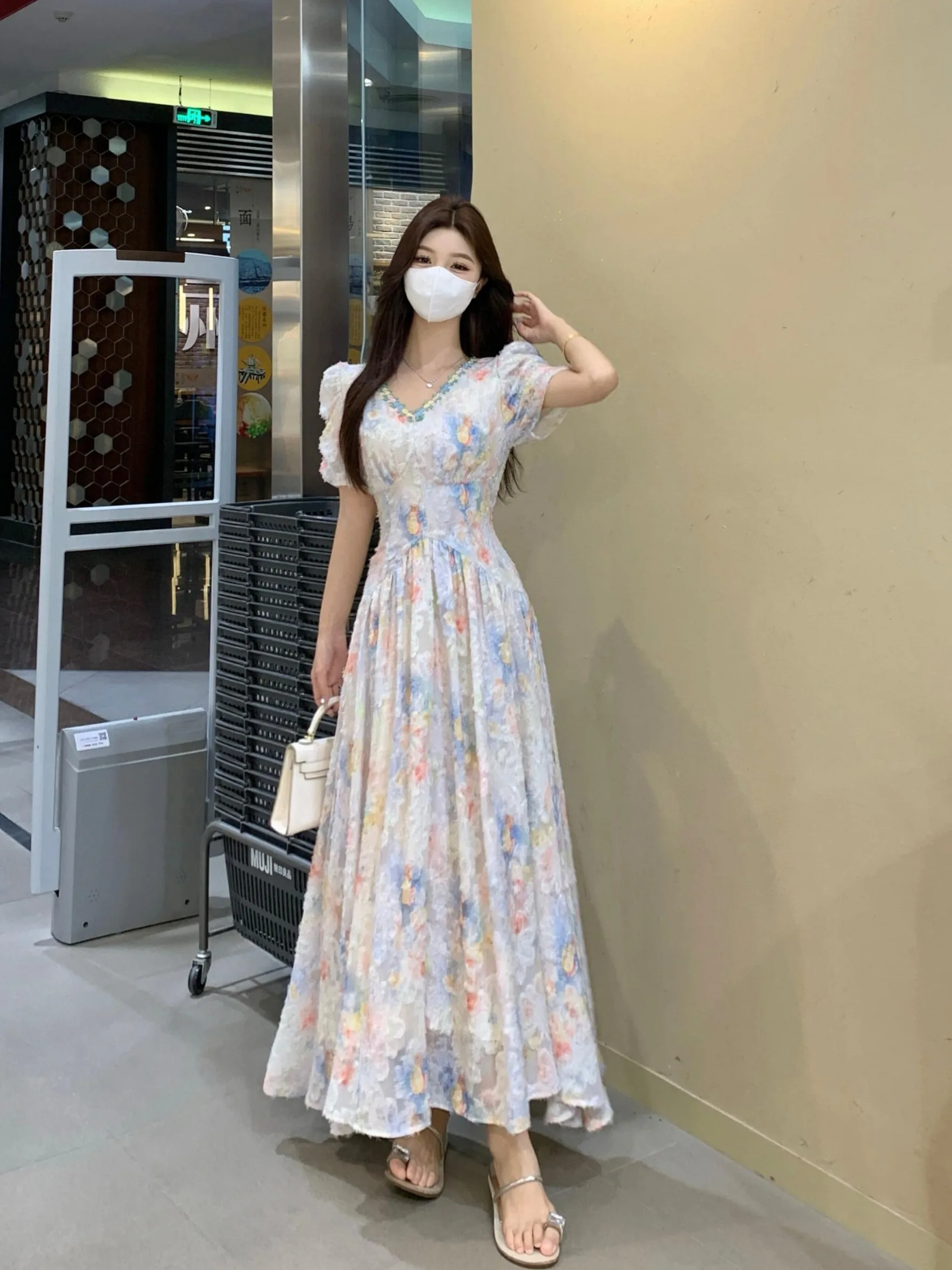 

plus Size Women's Sweet Floral Print V-Ne ort Sve A-Line Dr Summer New Sle Waist-Cinching High Waist Midi Dr
