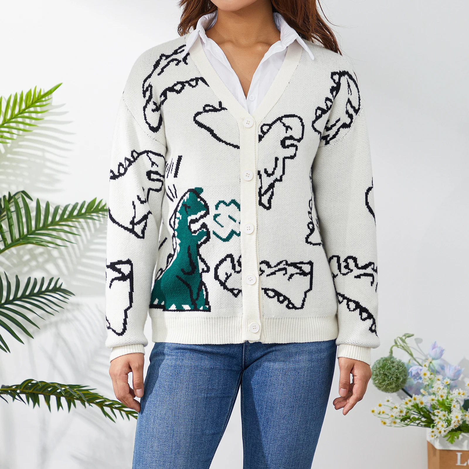 Cárdigan de punto suelto de manga larga con estampado de dinosaurio para mujer y hombre, ropa informal de otoño con botones