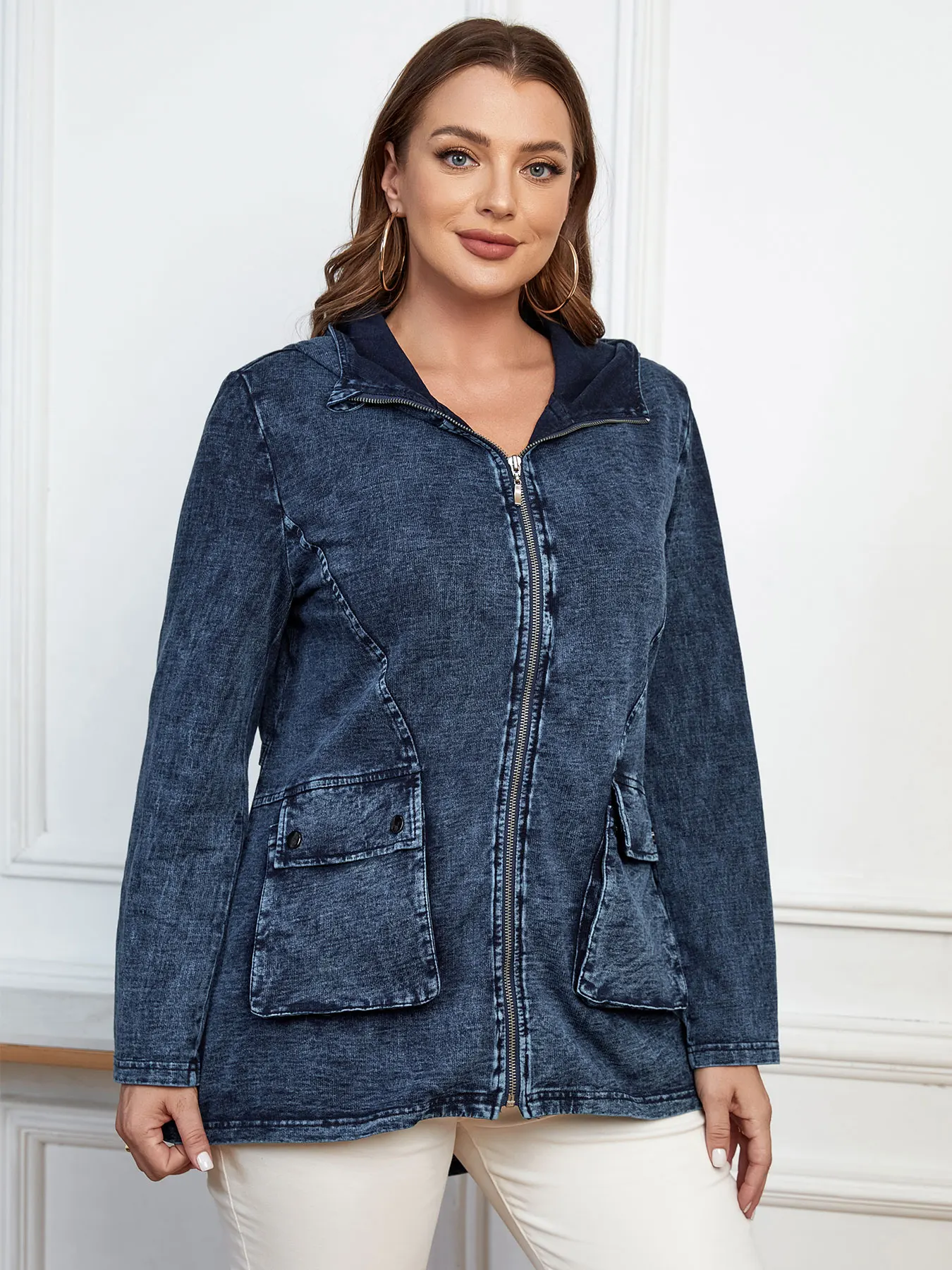 LIH HUA Women's Plus Size Denim Jacket Women's Casual High End Stretch Knit Denim Jacket with Shoulder Pads Denim Jacket