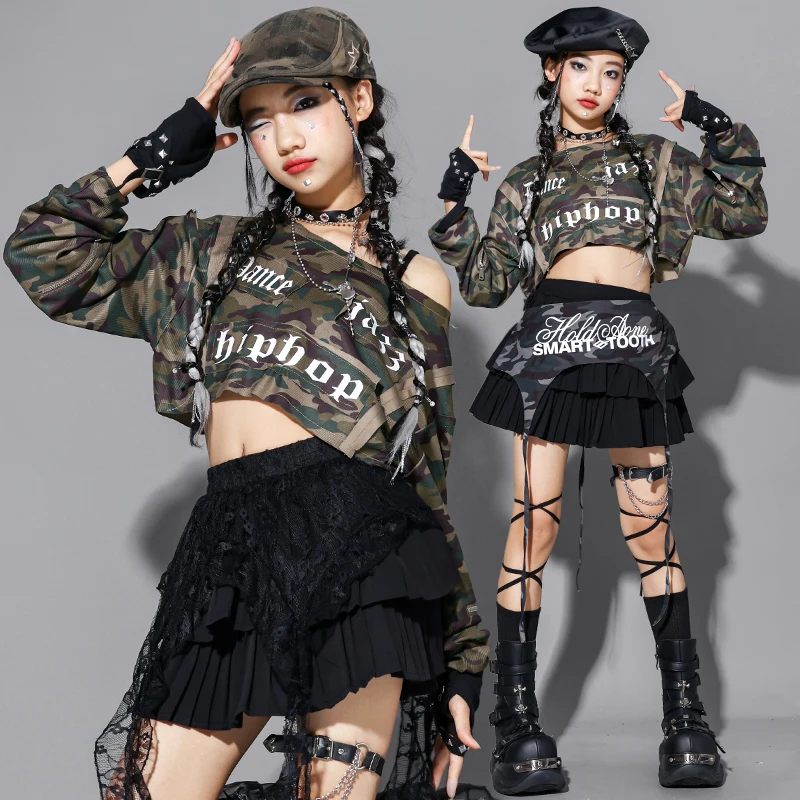 K-pop Costume da ballo Ragazze Jazz Outfit Kid Performance Show Abbigliamento Camouflage Crop Top Gonna nera Moda Streetwear AMY2928