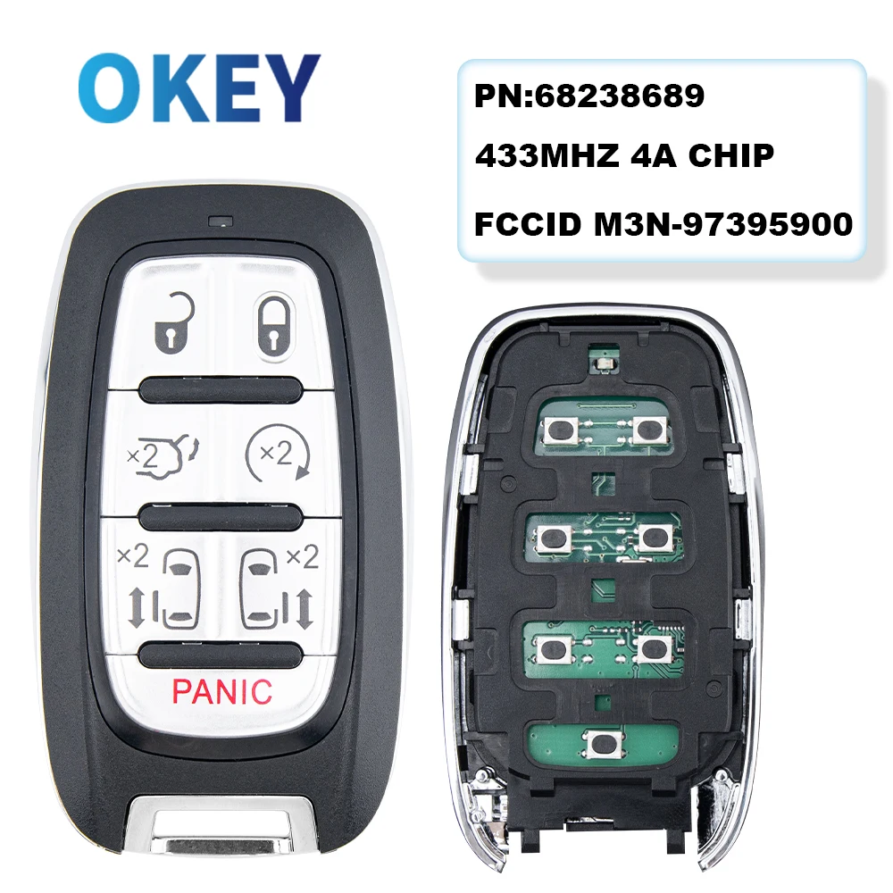 

Okey Remote Proximity Car Key 433Mhz 4A Chip For Chrysler Pacifica 2017+ Voyager 2020+ M3N-97395900 68238689 AC