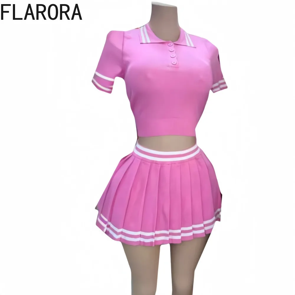 FLARORA Fashion College Style Stripe Splicing Pleated Mini Skirts Two Piece Sets Y2k Woman Polo-collar Tops And Skirts Outfits