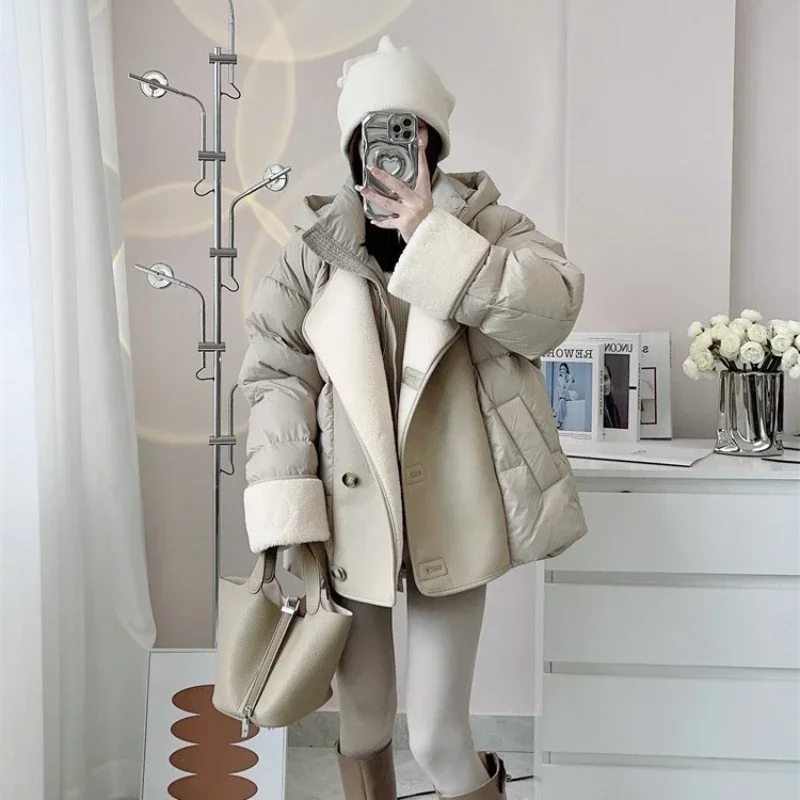 Short Winter Coat Female Winter Jackets Woman 2024 Korean Fashion Splicing Lamb Wool Lapel Down Jacket Loose Thicken Coats Down