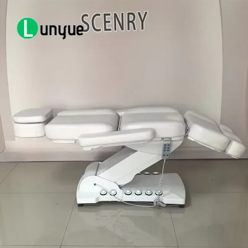 White Beauty Massage Bed with Deluxe LED Lamp Base Foot Pedal Control 3 Motor High Load Bearing for Facial Care