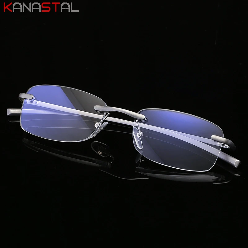 Men Rimless Reading Glasses Prescription Lenses Presbyopic Eyewear Women Blue Light Blocking Lenses Al-Mg Eyeglasses Frame