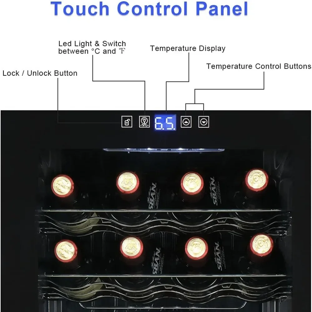 Frigorífico Vinho com Temperatura Ajustável, Compacto Autoportante, 28 Garrafa Vinho Frigorífico, Controle Digital, Prateleiras Removíveis, W