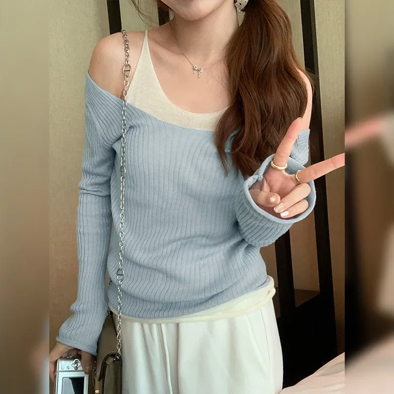 DXH-401-405 Casual Color Blocking V-Neck Two-Piece Illusionflare Sleeve Knitted Top Spring 2024 New Arrival Lazy Style