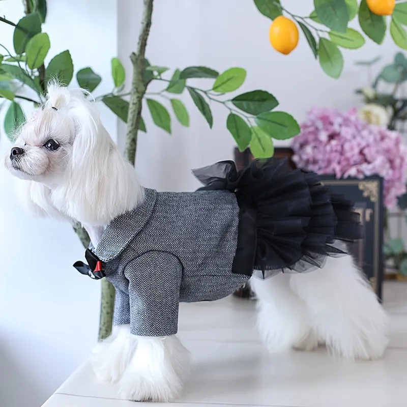 Handmade Dog Clothes Pet Supplies Handsome Suit Cool Jacket Classic Grey Wool Tuxedo Two-Piece Set Tailored Skirt Couple Dress