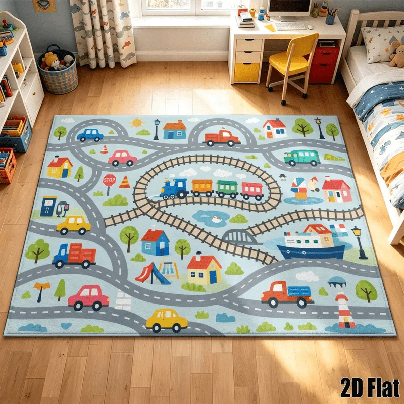 1Pc Cartoon Transportation Town Pattern Printed Rug, Retro Art Decorative Rug for Living Room, Bedroom, Dining Room, Bedside, Indoor and Outdoor Patio, Home Decor