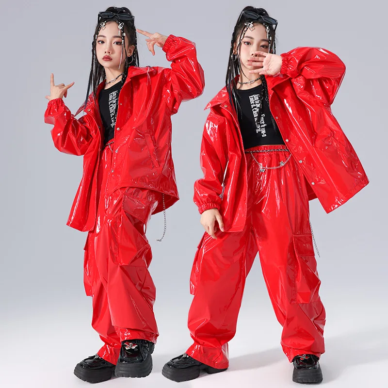 Traje de dança jazz infantil, conjunto de couro brilhante, colheita elegante exposto hip-hop menina dança de rua traje