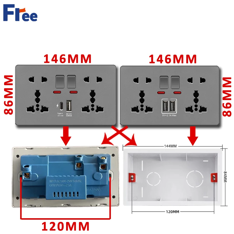 18 W Typ-C-Anschlüsse, Wandschnellladebuchse, universelle Steckdose mit doppelter Schaltersteuerung, Steckdose nach britischem Standard