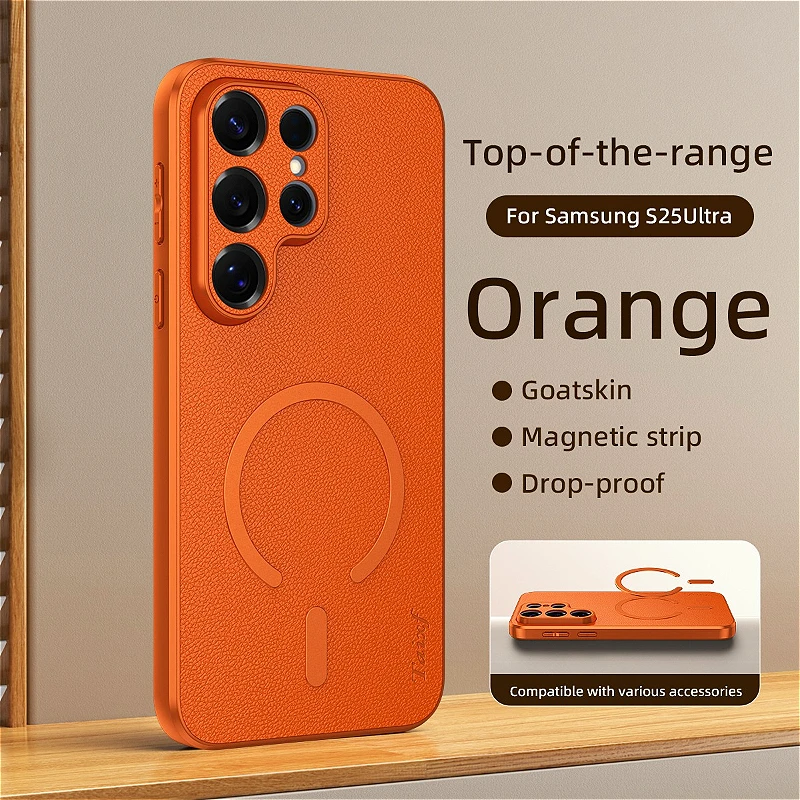 

Fundas For Samsung Galaxy S26 Ultra S25 Plus S25FE 5G Luxury Goatskin Magnetic Case Lens Protection For Magsafe Shockproof Cover