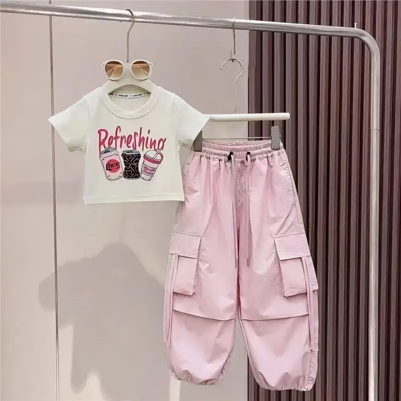 Girls' Summer Set New Style Children's Internet Celebrity Western Style Medium Sized Children's T-shirt Work Pants Two Piece Set