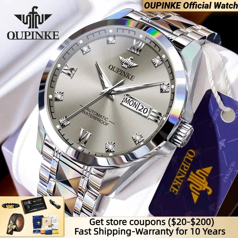 OUPINKE Luxury Brand Men's Watch Tungsten Steel Waterproof Automatic Mechanical Watch Fashion Business Week Calendar Men's Watch