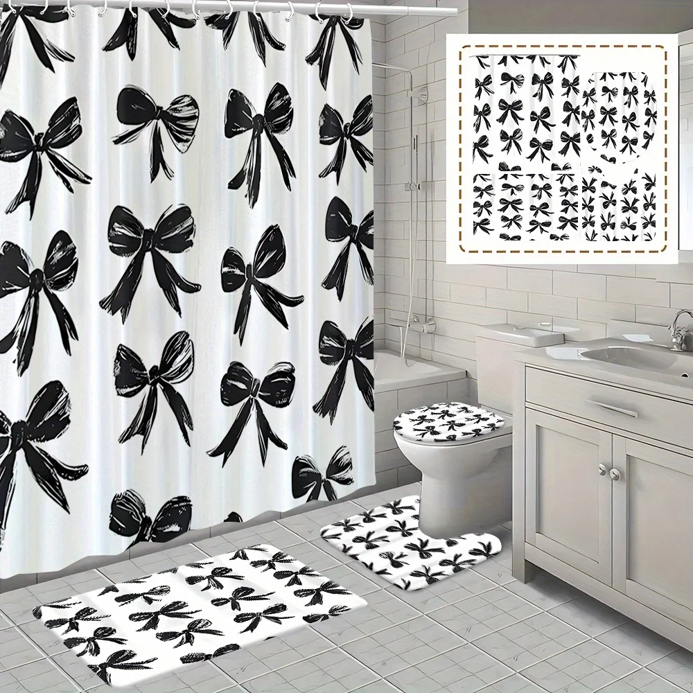 

4pc Black and white bow pattern bathroom set, shower curtain, non-slip floor mat, toilet seat cover and U-shaped mat.
