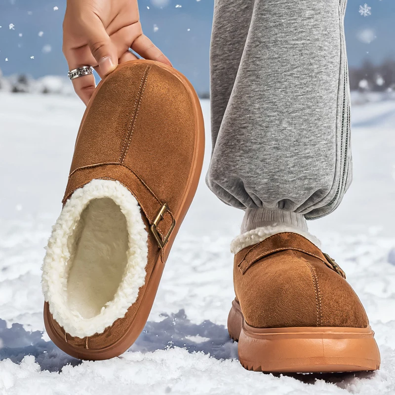 

Faux Suede Warm Plush Cotton Slippers Men 2026 Winter Thick Bottom Platform Borken Slippers Non Slip Indoor Home Casual Shoes