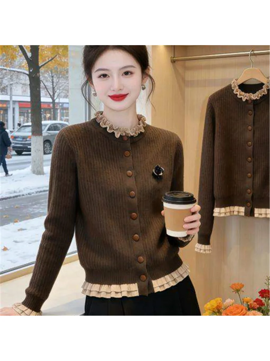 Loose Long Sleeve Knitted Cardigan Women's Autumn Winter New Style round Neck Lace Top Slimming Effect Wooden  Design