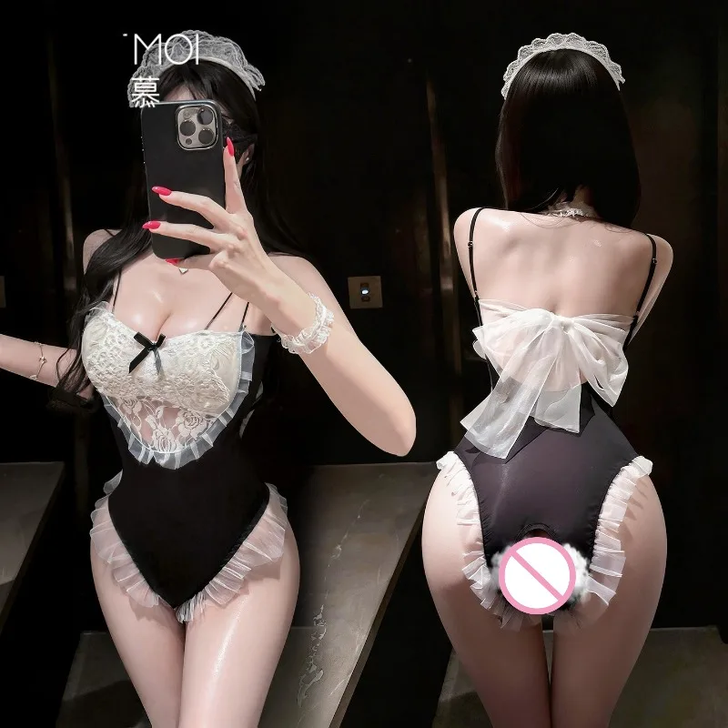 

Sexy Open Crotch Bodysuit Women Lingerie Maid Coaplay Uniform Lace See Through Breast Bow Backless Suspender Onesie Anime Outfit