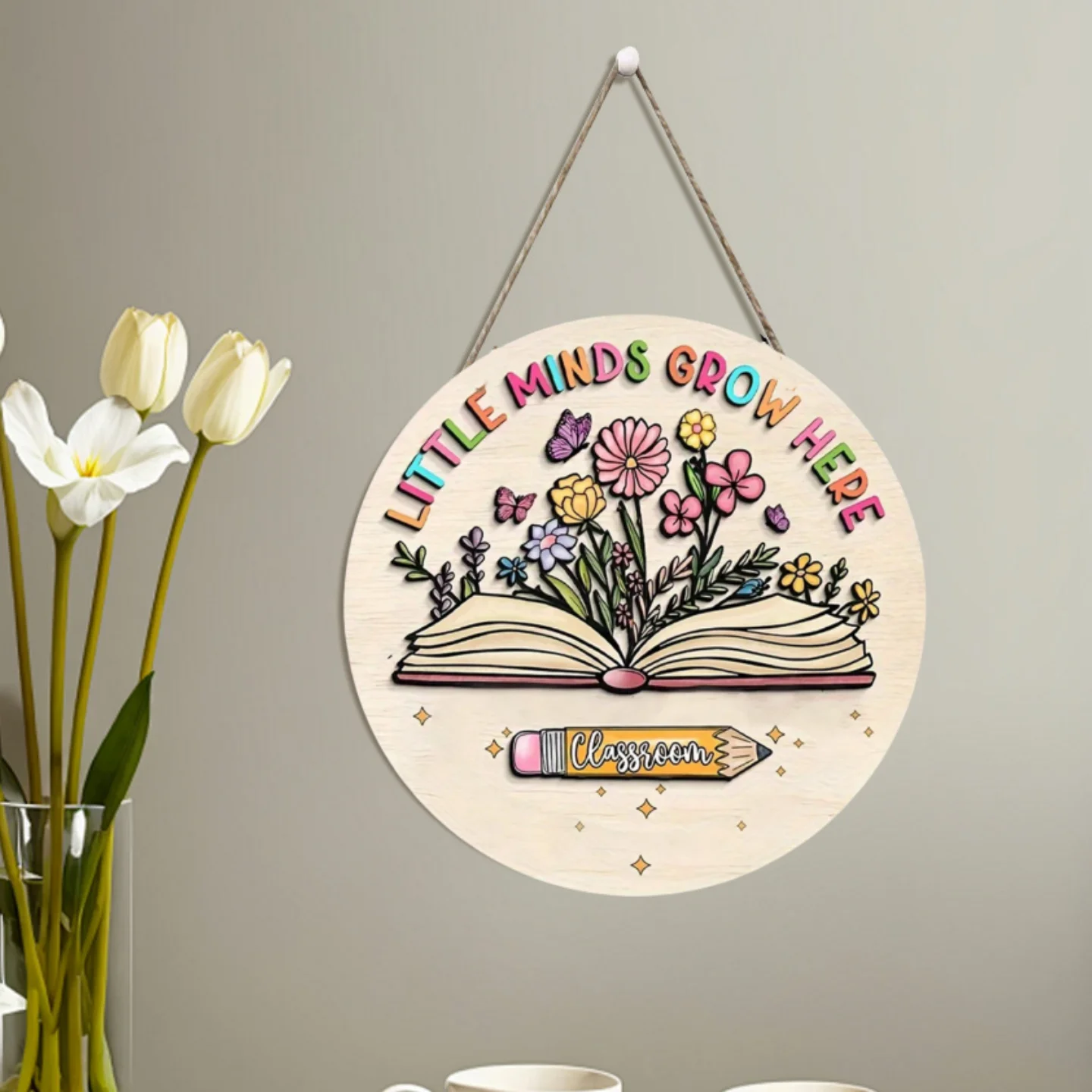 2D Retro Holzscheibe Cartoon Buch Blumen Design Schild Schule Klassenzimmer Bibliothek After-School Klasse Tür Hängen Dekor Geschenk