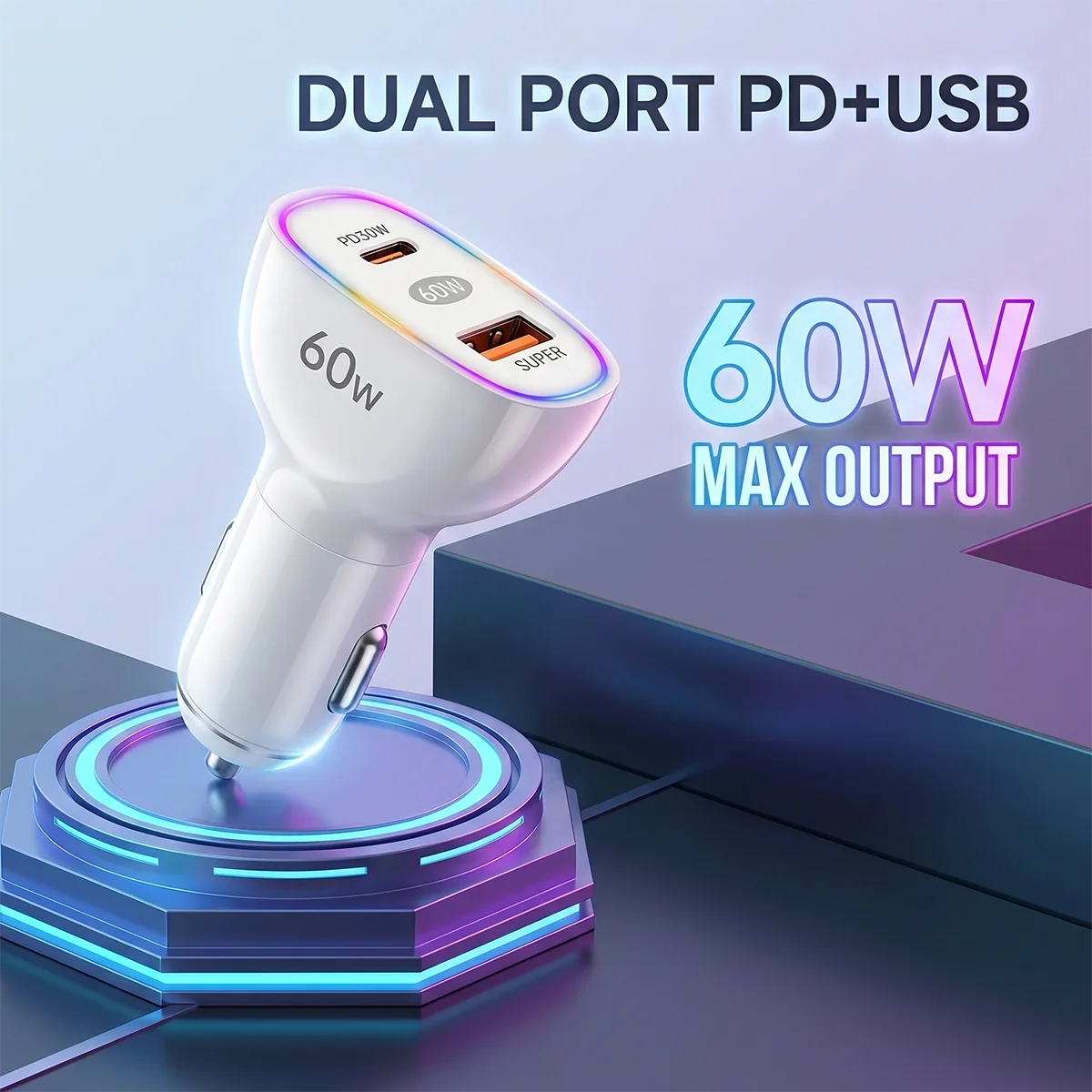 Cargador rápido para coche de 60W con doble puerto USB C y USB A, adaptador de carga rápida 3.0 PD, estación de carga universal para coche de 12V-24V para iPhone.