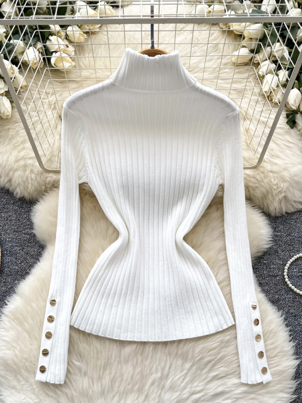 Slim Fit Long Sve Knitted Sweater Women's Metal Button Neline Vertical Stripe Pattern Versatile Base Layer Top