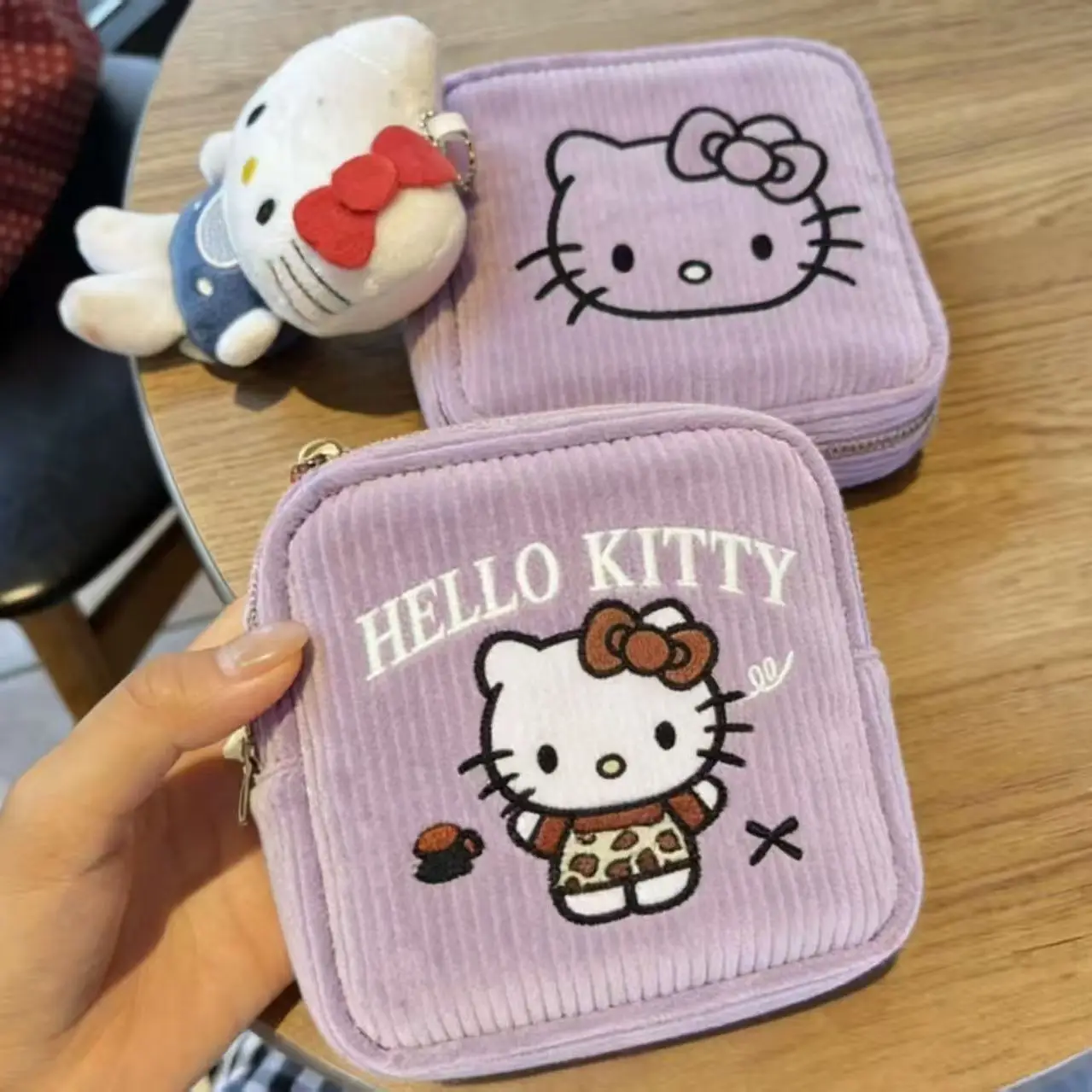 Hello Kitty Embroidered Corduroy Cosmetic Bag Cute Mini Sanitary Napkin Storage Pouch Portable Makeup Organizer Purse